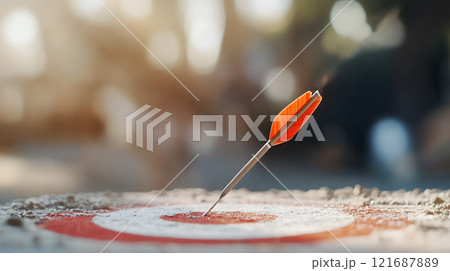 Red arrow is sticking out of a red target. The Business target strategy concept. 121687889