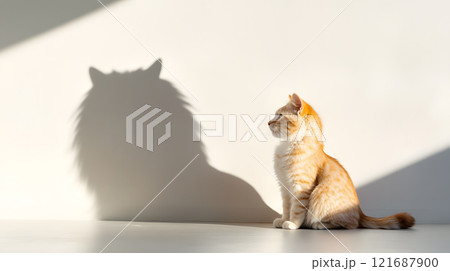 Cat is sitting on a floor and looking at its shadow Cat is sitting on a floor and looking at its shadow 121687900