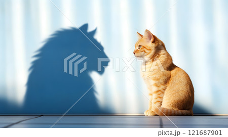 Cat is sitting on a tile floor in front of a blue wall Cat is sitting on a tile floor in front of a blue wall 121687901