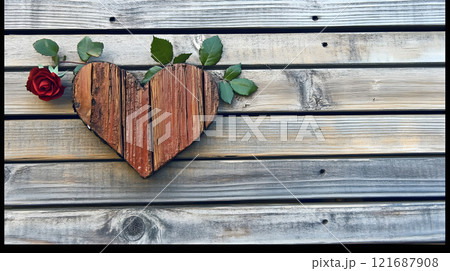 Wooden heart with a rose on top Wooden heart with a rose on top 121687908