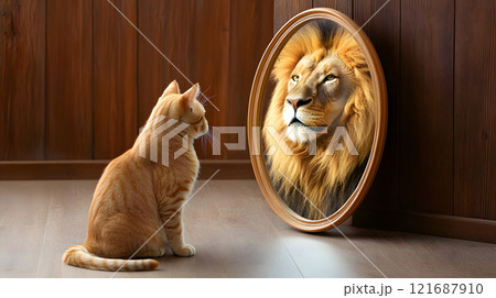 Cat is sitting in front of a mirror and looking at its reflection 121687910
