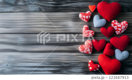 Wooden background with a bunch of red hearts on it 121687913