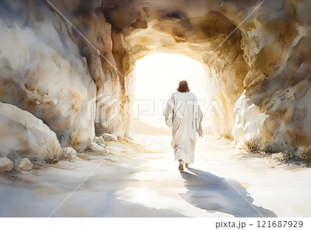 Jesus in a white robe walks through a tunnel 121687929
