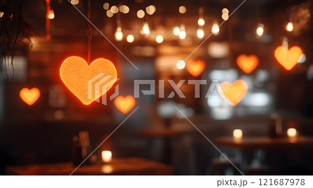 Restaurant with a bunch of orange heart shaped lights hanging from the ceiling 121687978