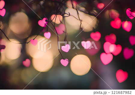 Bunch of pink hearts are hanging from a tree branch 121687982