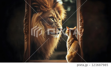 Cat is looking into a mirror and sees a lion 121687985