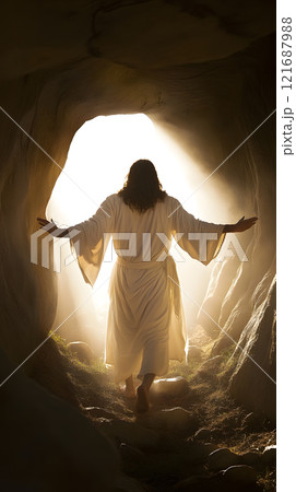 Jesus in a white robe is walking through a tunnel 121687988