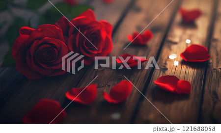 Two red roses are on a wooden table 121688058