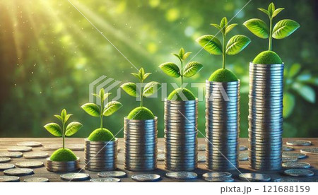 積立投資をイメージしたコイン山と新芽のイラスト 積立投資をイメージしたコイン山と新芽のイラスト 121688159
