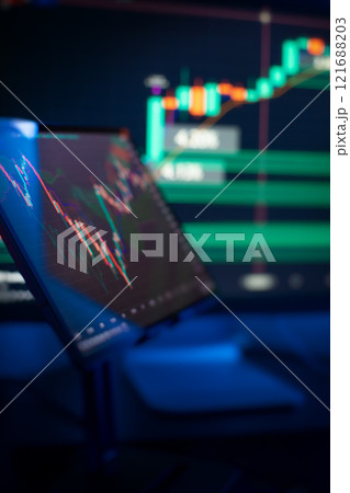 Stock Market Visualization with Digital Trading Chart and Bright  Focus on Market Trend 121688203