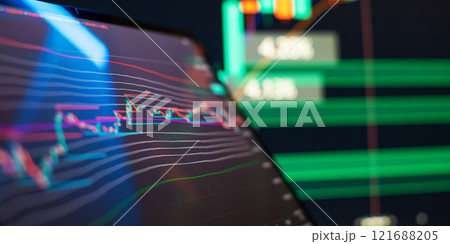 Stock Market Visualization with Digital Trading Chart and Bright Focus on Market Trend Stock Market Visualization with Digital Trading Chart and Bright Focus on Market Trend 121688205