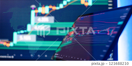 Digital Trading Interface with Candlestick Chart and Data Overlay Highlighting Stock Market Trends 121688210