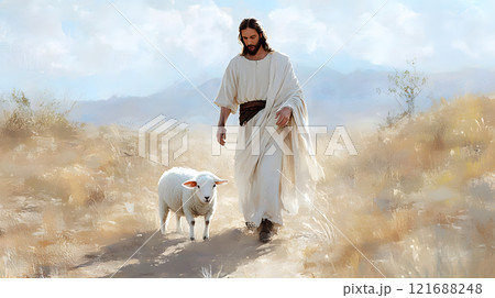 Jesus is walking a sheep in a field Jesus is walking a sheep in a field 121688248