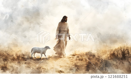 Jesus is walking a sheep in a field Jesus is walking a sheep in a field 121688251