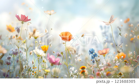 Butterfly is flying in a field of flowers 121688305