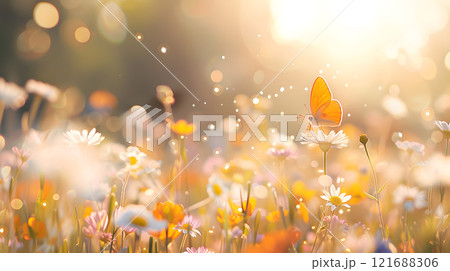 Butterfly is flying in a field of flowers 121688306