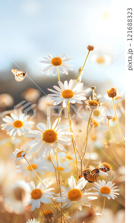 Butterfly is flying in a field of flowers 121688323