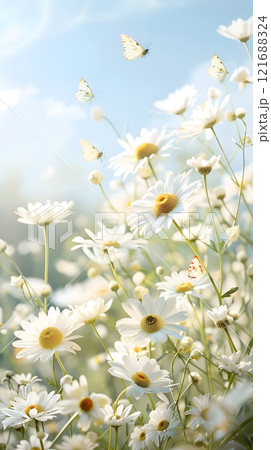 Butterfly is flying in a field of flowers Butterfly is flying in a field of flowers 121688324