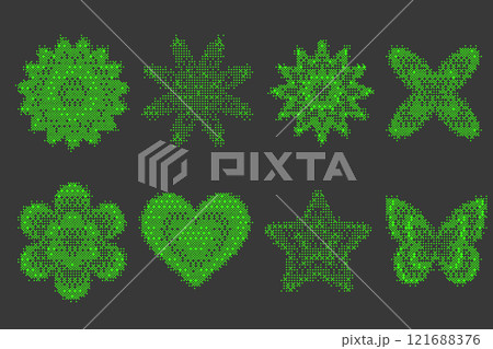 Pixel pattern shapes. Textured heart flower and butterfly with bitmap Y2k dither gradient. Retro vector star with old computer game graphic effect. Halftone grunge illustration Pixel pattern shapes. Textured heart flower and butterfly with bitmap Y2k dither gradient. Retro vector star with old computer game graphic effect. Halftone grunge illustration 121688376