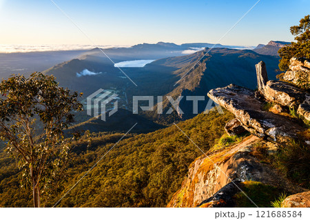 Stunning sunrise panoramic view from Boroka Lookout towards Halls Gap, Grampians, Victoria, Australia 121688584