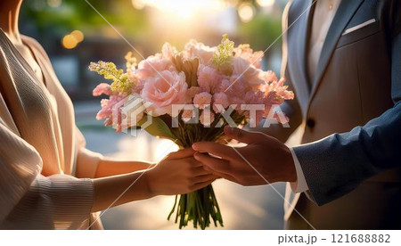 ロマンチックな花束贈呈の瞬間 - 愛を込めた手元のクローズアップ 121688882