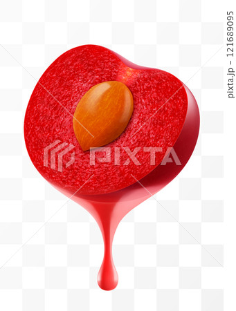 Fresh cherry juice dripping from half of cherry berry, isolated on transparent background. Ripe cherry with fresh juice. Bright summer design. Realistic 3d vector illustration Fresh cherry juice dripping from half of cherry berry, isolated on transparent background. Ripe cherry with fresh juice. Bright summer design. Realistic 3d vector illustration 121689095