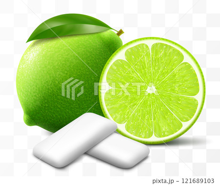 Bubble gum with an lime flavor. Pads of bubble gum spearmint for fresh breathing. Chewing gums for healthy teeth and dental hygiene. Refreshing candy. Realistic 3D vector illustration 121689103