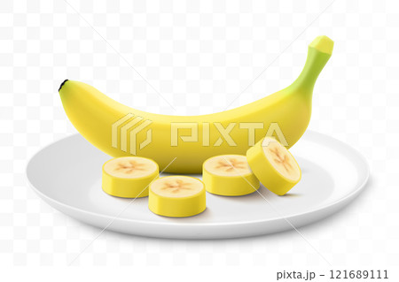 Ripe sweet banana on a white plate isolated on a transparent background. Whole banana and sliced. Healthy vitamin food. Realistic 3d vector illustration Ripe sweet banana on a white plate isolated on a transparent background. Whole banana and sliced. Healthy vitamin food. Realistic 3d vector illustration 121689111