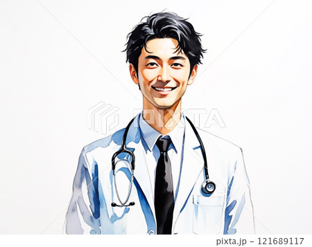水彩画風　笑顔の30代男性医師 121689117