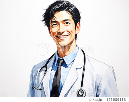 水彩画風　笑顔の40代男性医師 121689118