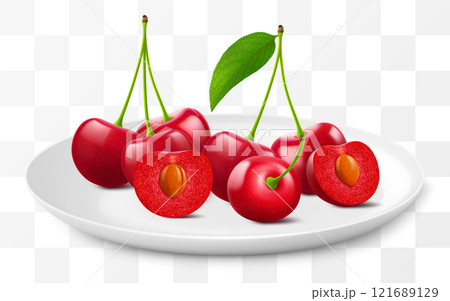 Ripe cherries on a white plate isolated on a transparent background. Whole red cherry and half cherry with pit. Healthy vitamin food. Realistic 3d vector illustration Ripe cherries on a white plate isolated on a transparent background. Whole red cherry and half cherry with pit. Healthy vitamin food. Realistic 3d vector illustration 121689129