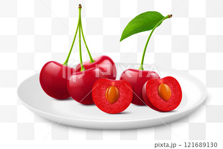 Ripe cherries on a white plate isolated on a transparent background. Whole red cherry and half cherry with pit. Healthy vitamin food. Realistic 3d vector illustration 121689130