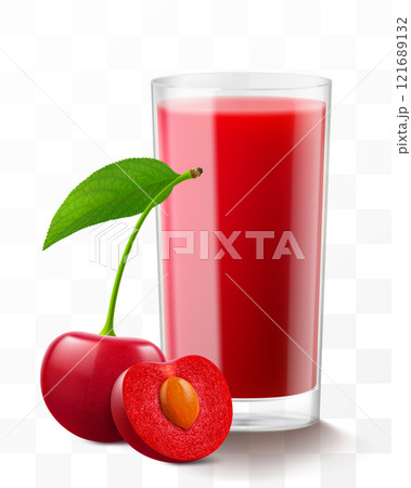 A glass of fresh cherry juice or smoothie. Cup of cocktail or compote with ripe sweet cherry berries, isolated on transparent background. Realistic 3d vector illustration 121689132