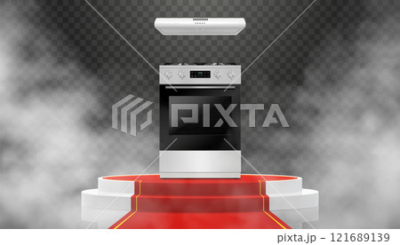 Illuminated podium or Pedestal with red path and gas stove. Modern, realistic 3d vector illustration of home appliances. Front view, close-up. 121689139
