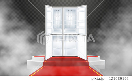 Illuminated podium or pedestal with red path and double-door refrigerator. Refrigerator with open door. Modern, realistic 3d vector illustration of home appliances. Front view, close-up. 121689192