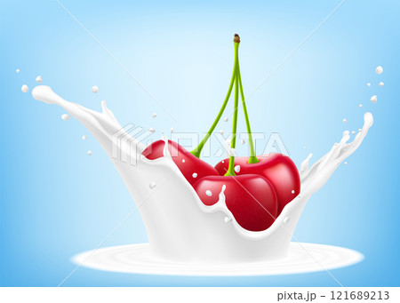 Ripe cherries are falling in splash of yogurt or milk, cocktail splash with drops, Milkshake splash with ripe red cherry berry. Realistic 3d vector illustration 121689213