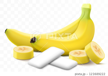 Bubble gum with an banana flavor. Pads of bubble gum spearmint for fresh breathing. Chewing gums for healthy teeth and dental hygiene. Refreshing candy. Realistic 3D vector illustration Bubble gum with an banana flavor. Pads of bubble gum spearmint for fresh breathing. Chewing gums for healthy teeth and dental hygiene. Refreshing candy. Realistic 3D vector illustration 121689222