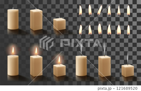 Set of wax round cylindrical and rectangular candles with candles flames different shapes isolated on transparent background. Candlelight, aromatherapy, meditation. Realistic 3d Vector illustration. Set of wax round cylindrical and rectangular candles with candles flames different shapes isolated on transparent background. Candlelight, aromatherapy, meditation. Realistic 3d Vector illustration. 121689520