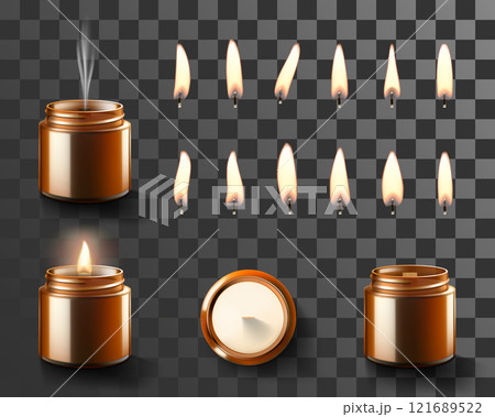 Set of Perfumed Soy and coconut wax candle in brown glass jar and candles flames different shapes isolated on transparent background. Candlelight, aromatherapy. Realistic 3d Vector illustration. 121689522