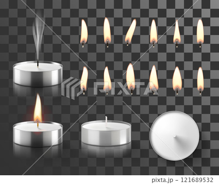Set of Burning Tea candle and flames different shapes isolated on transparent background. Fire for fragrance lamp. Candlelight, tealight, aromatherapy, meditation. Realistic 3d Vector illustration. 121689532