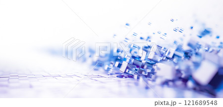 Blue and white geometric shapes appear to scatter and disperse across a bright backdrop, creating a dynamic visual effect that suggests movement and transformation. Blue and white geometric shapes appear to scatter and disperse across a bright backdrop, creating a dynamic visual effect that suggests movement and transformation. 121689548