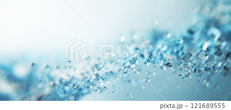 Shimmering blue particles are suspended in a bright atmosphere, creating a sense of motion and depth. The illumination enhances the ethereal quality of the scene. 121689555