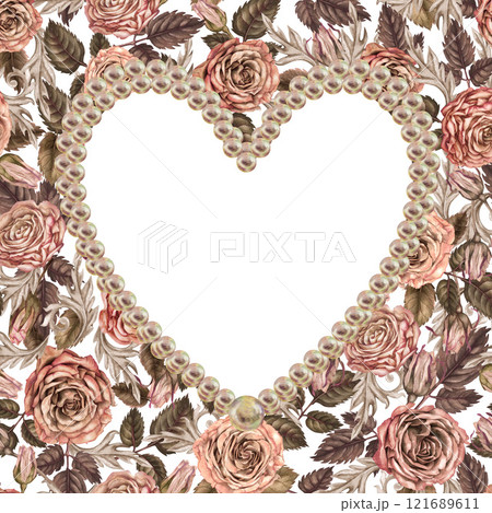 Heart shaped frame cut out on a floral background. Pink-brown roses in mocha mousse color. Botanical vintage template for wedding, Valentine's Day, Mother's Day, photo, women's, stickers, scrapbook. 121689611