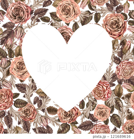 Heart shaped frame cut out on a floral background. Pink-brown roses in mocha mousse color. Botanical vintage template for wedding, Valentine's Day, Mother's Day, photo, women's, stickers, scrapbook. 121689616