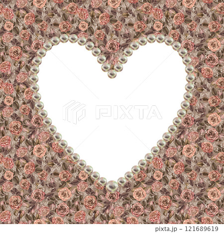 Heart shaped frame cut out on a floral background. Pink-brown roses in mocha mousse color. Botanical vintage template for wedding, Valentine's Day, Mother's Day, photo, women's, stickers, scrapbook. 121689619