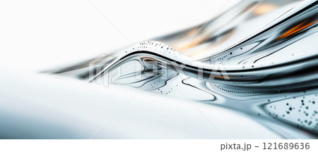 A flowing metallic surface reflects light with smooth curves and abstract patterns. The scene captures a dynamic interplay of light and shadow in a minimalistic setting. 121689636