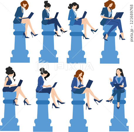 チェスのコマ(ピース)の上に座るビジネスウーマンのイラストセット 121689768