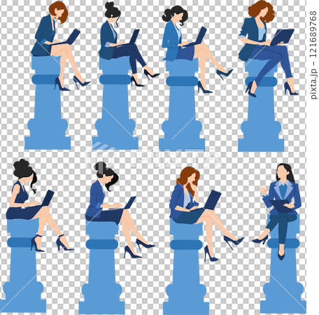 チェスのコマ(ピース)の上に座るビジネスウーマンのイラストセット 121689768