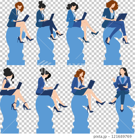 Illustration set of a business woman sitting on a chess piece Illustration set of a business woman sitting on a chess piece 121689769