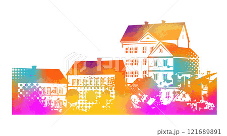 Colored city long panorama. hand drawing. Not AI. Vector illustration 121689891